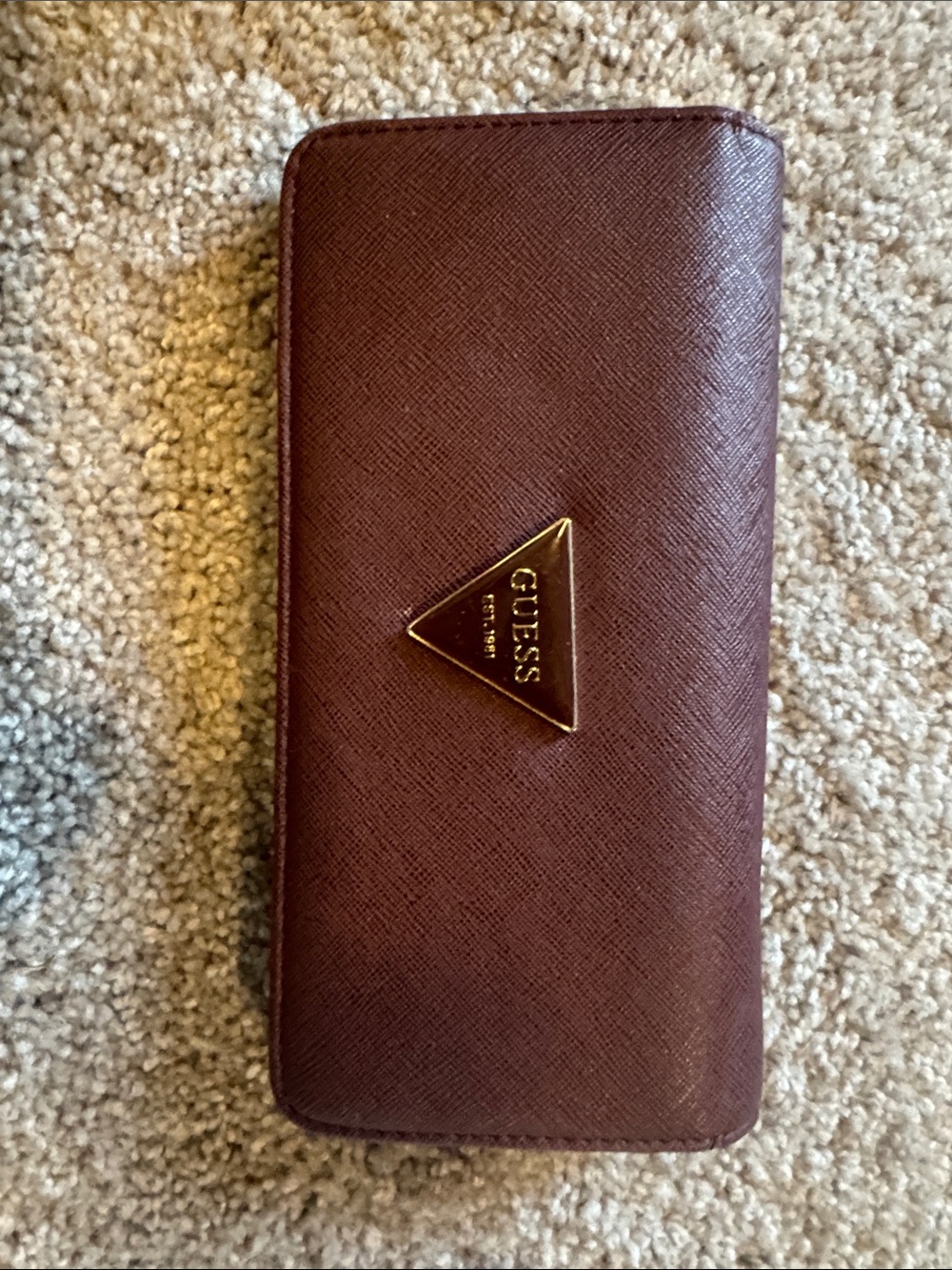 GUESS Wine Saffiano Zip-Around Wallet with Gold Triangle Logo
